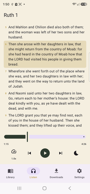 Read-along screen with the current verse highlighted while audio plays