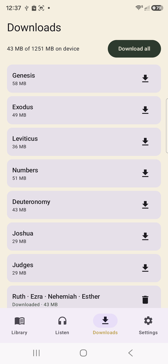 Downloads screen with per-book audio downloads